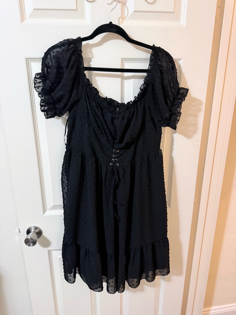 Adorable Witchy Black Sheer Swiss Dot Mini Dress with Lace-Up Front